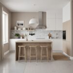 White and gray patterned tile backsplash, wooden kitchen island, and neutral tones create a sleek, contemporary look.