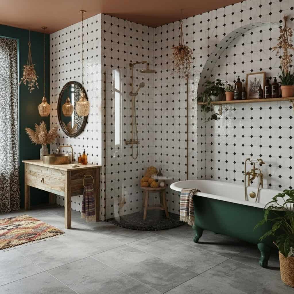 Elegant black and white patterned ceramic tiles with matte finish, complementing vintage-style bathroom decor.