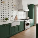 Green and white kitchen tile wall with a classic pattern, complemented by green cabinetry and a white farmhouse sink.