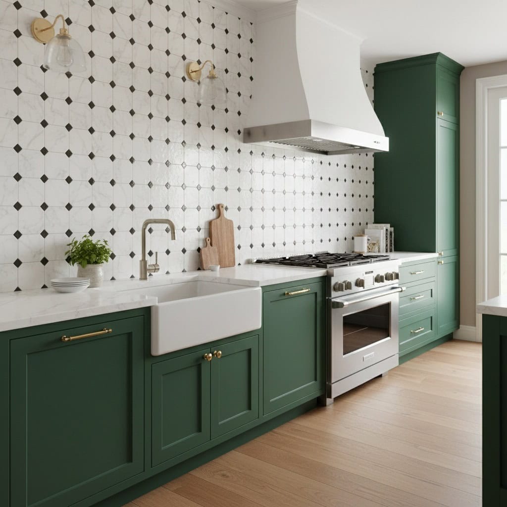Green and white kitchen tile wall with a classic pattern, complemented by green cabinetry and a white farmhouse sink.