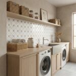 Bright laundry room featuring white hexagon tiles, light wood cabinetry, and neutral decor accents.