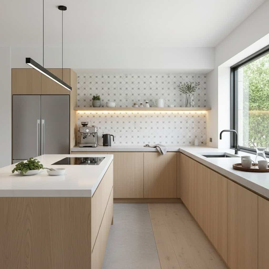 Bright kitchen featuring light wood cabinets, white countertops, and a patterned backsplash with subtle geometric tiles.