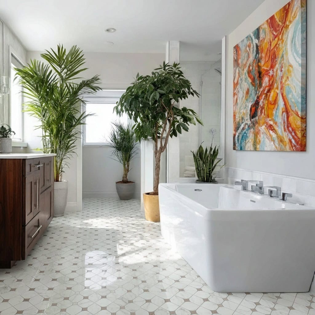 White hexagon tiles with subtle gray accents, smooth texture, and glossy finish.