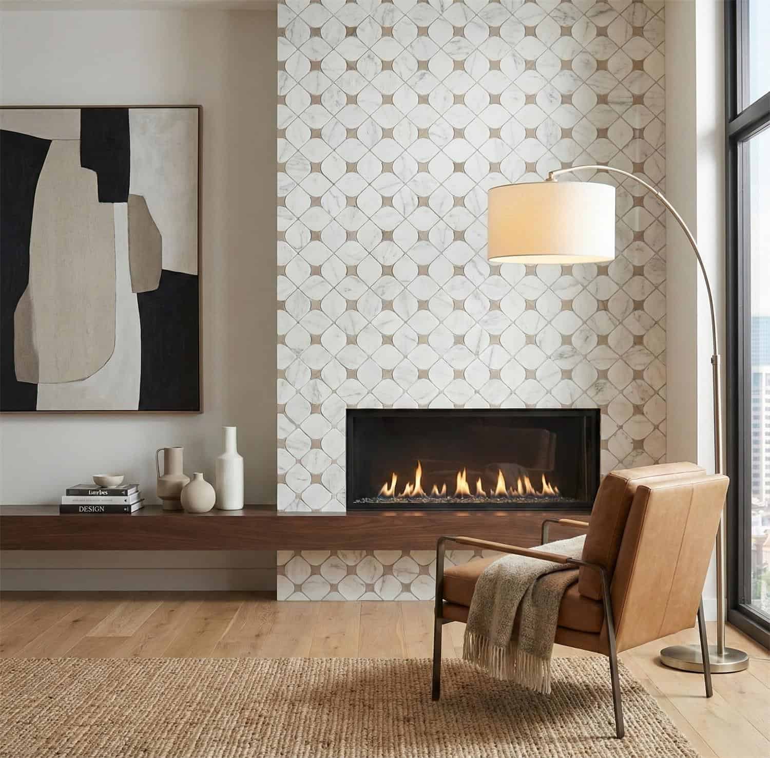 Geometric patterned tile in neutral tones with a sleek fireplace and cozy seating area.