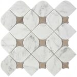 White marble with brown wood accents, smooth texture, modern design.