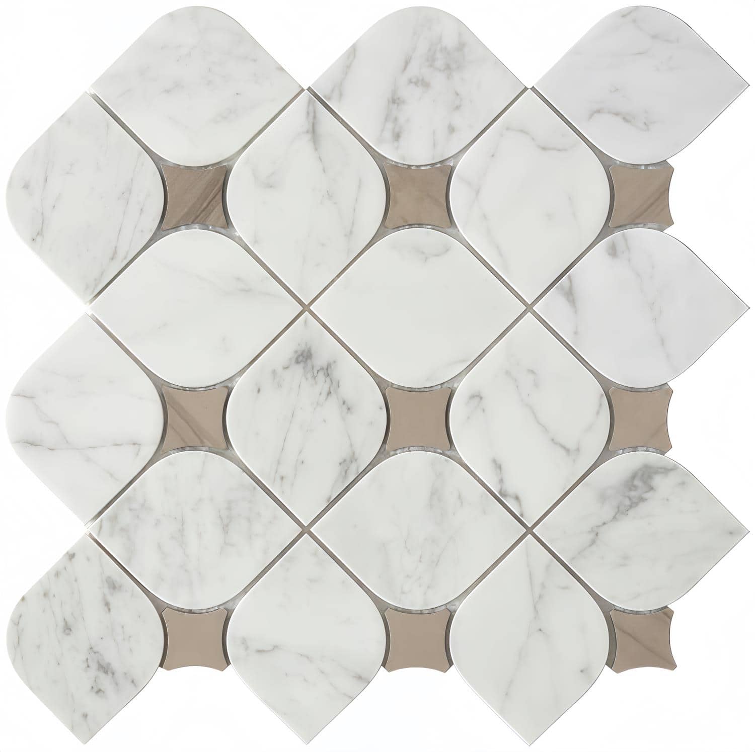 White marble with brown wood accents, smooth texture, modern design.