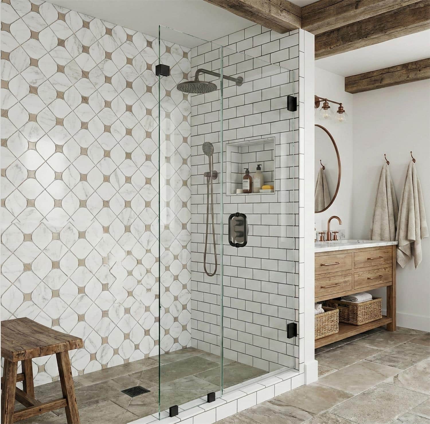 Geometric patterned white and beige tiles for shower wall, textured surface, modern style.