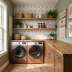 Bright, modern laundry space with natural wood accents, patterned tile, and decorative wall hangings.