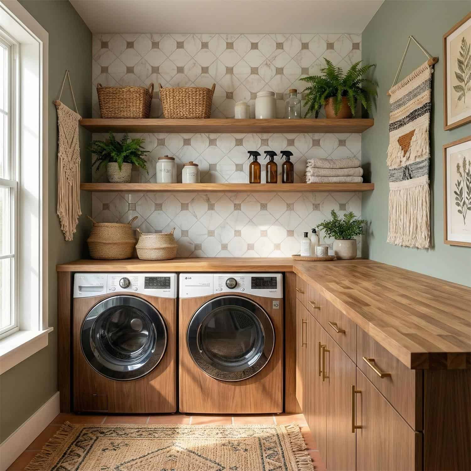 Bright, modern laundry space with natural wood accents, patterned tile, and decorative wall hangings.