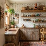 Rustic wooden kitchen with warm-toned hexagon tiles, open wooden shelves, and potted plants, creating a cozy and natural atmo.