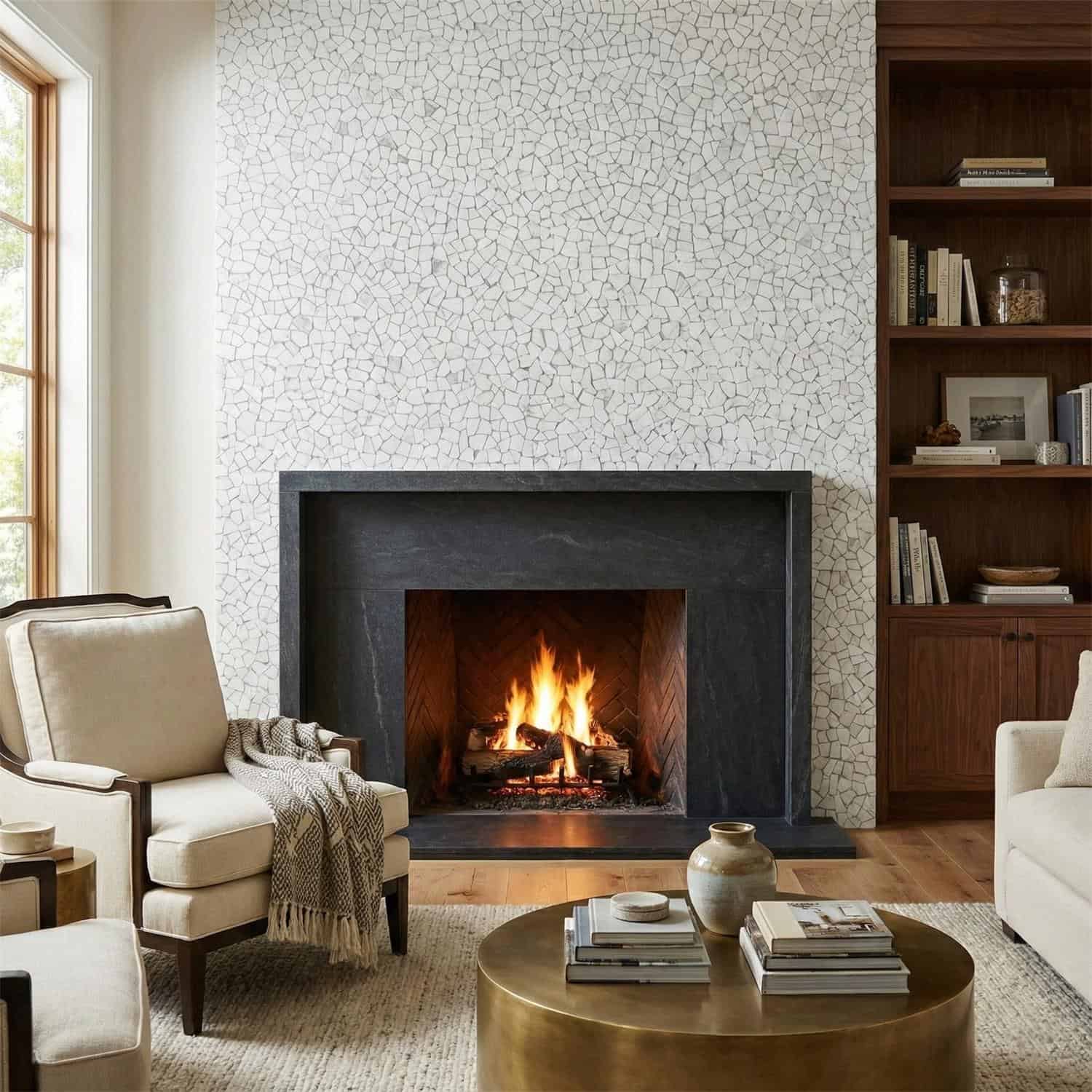Cozy living room featuring a white crackle tile fireplace with a black frame, surrounded by comfortable beige armchairs, a wo.