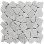 White marble mosaic tile with smooth texture and irregular shapes.