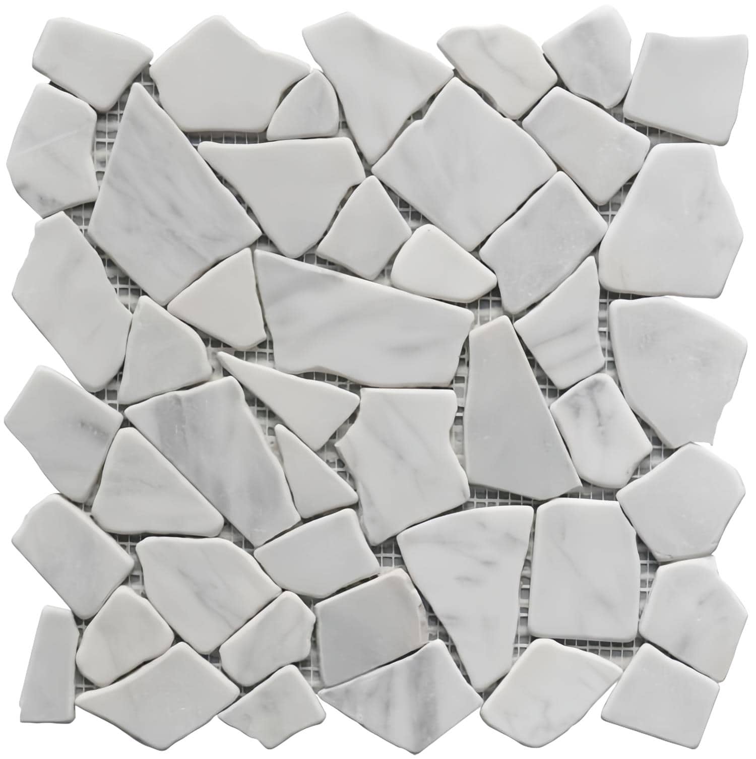 White marble mosaic tile with smooth texture and irregular shapes.