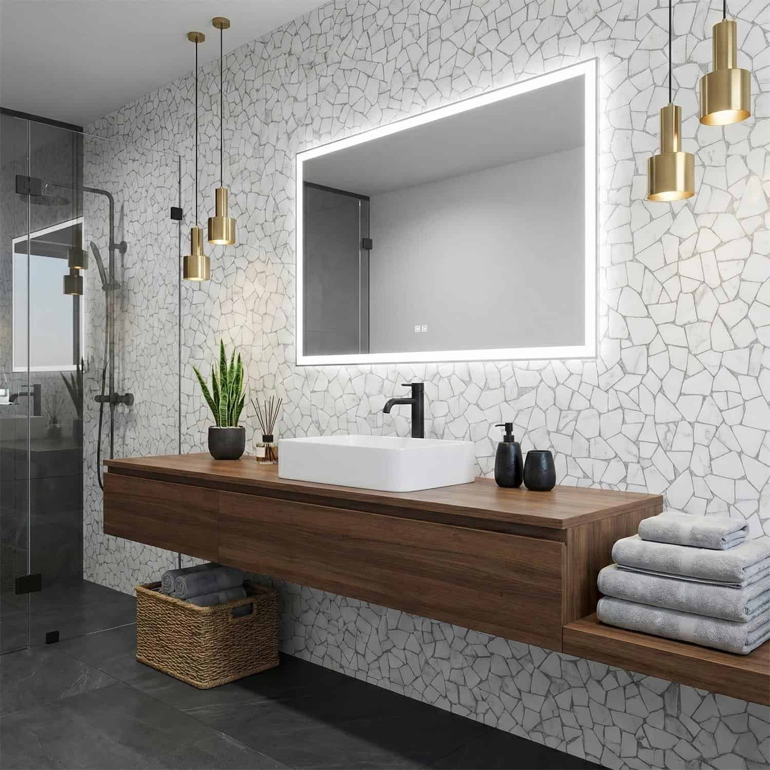 Light-colored mosaic wall tile with textured surface and subtle pattern.
