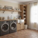 Laundry room with terracotta ceramic tile flooring and wooden cabinetry.