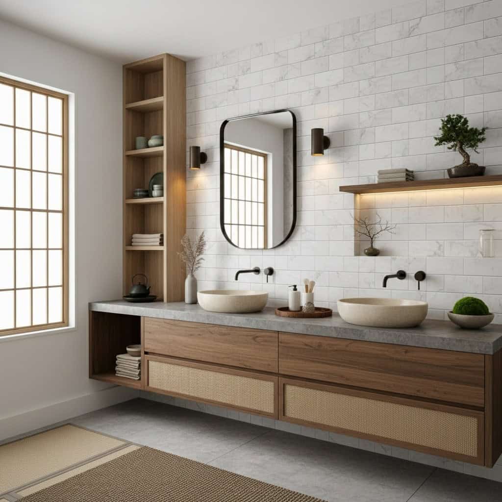 Bright, neutral-toned ceramic tiles with a textured surface, complemented by natural wood cabinetry and black fixtures.