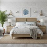 Coastal beige rattan headboard with soft blue and white bedding, complemented by neutral-toned furniture and ocean-inspired a.