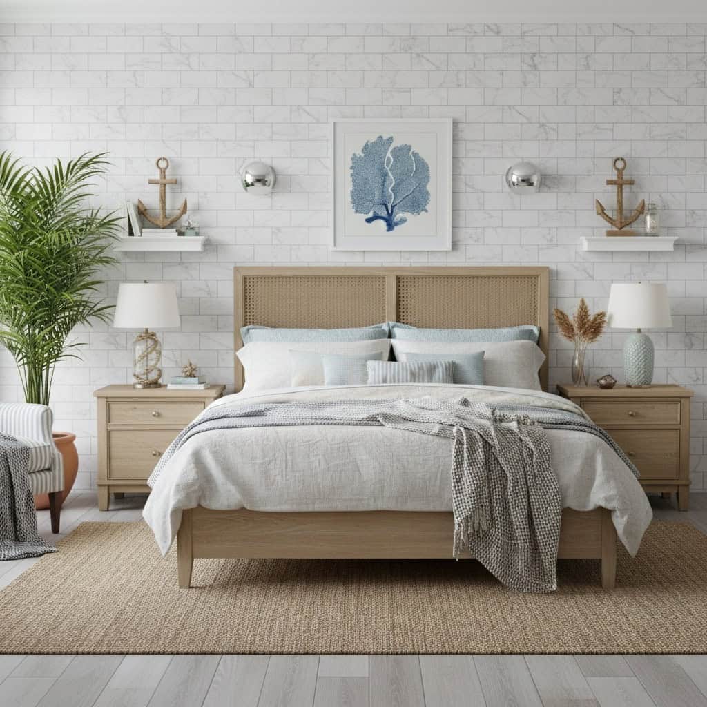 Coastal beige rattan headboard with soft blue and white bedding, complemented by neutral-toned furniture and ocean-inspired a.