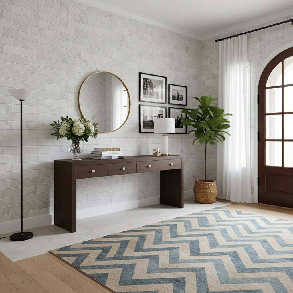 White brick wall with textured surface, wooden console table, and decorative elements.