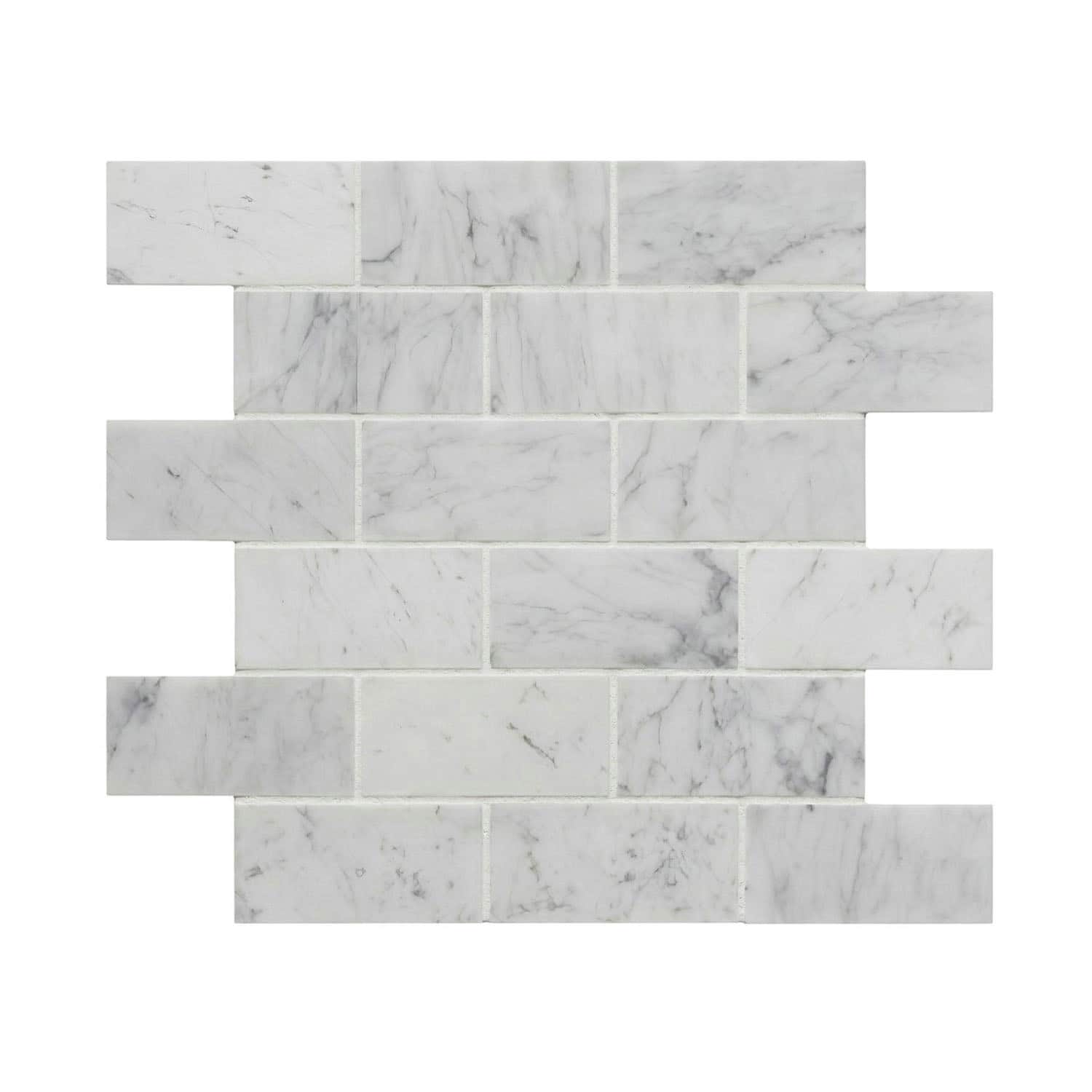 White marble brick tile with subtle gray veining, smooth texture, and polished finish.