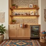Up of peel and stick tile backsplash in a cozy kitchen setting.