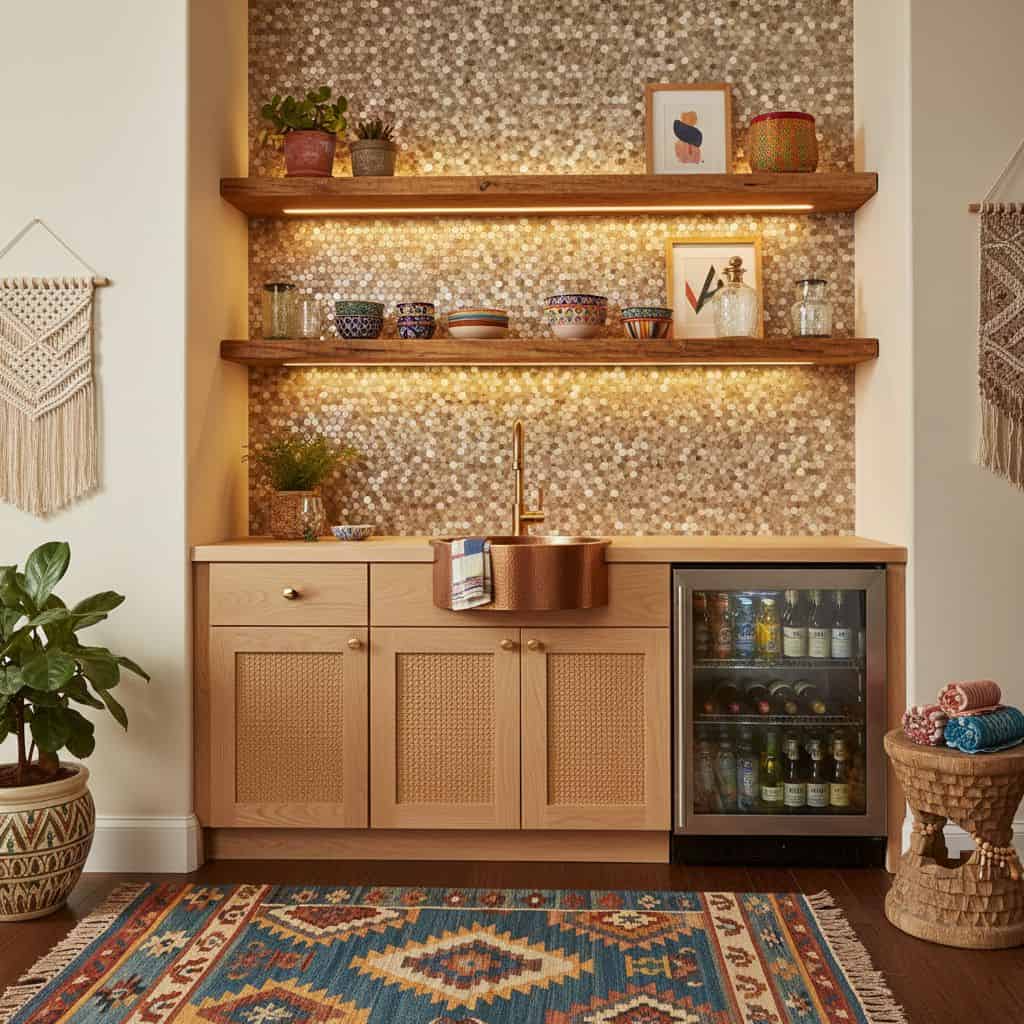Up of peel and stick tile backsplash in a cozy kitchen setting.