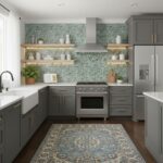 Modern kitchen with peel and stick wall tile backsplash, gray cabinets, and open shelves.