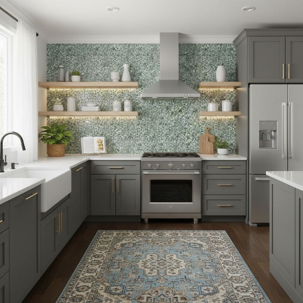 Modern kitchen with peel and stick wall tile backsplash, gray cabinets, and open shelves.