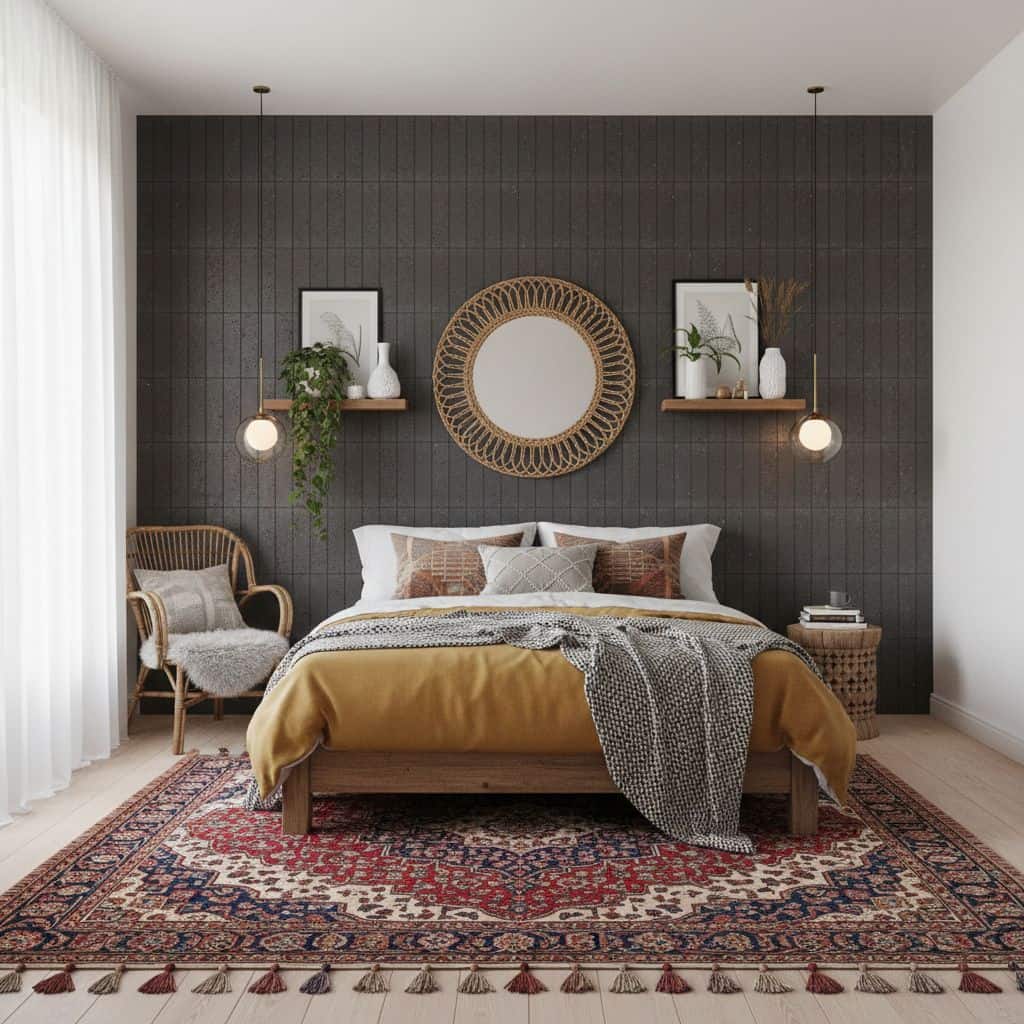 Dark gray textured ceramic tile on bedroom wall, creating a modern and sophisticated backdrop.