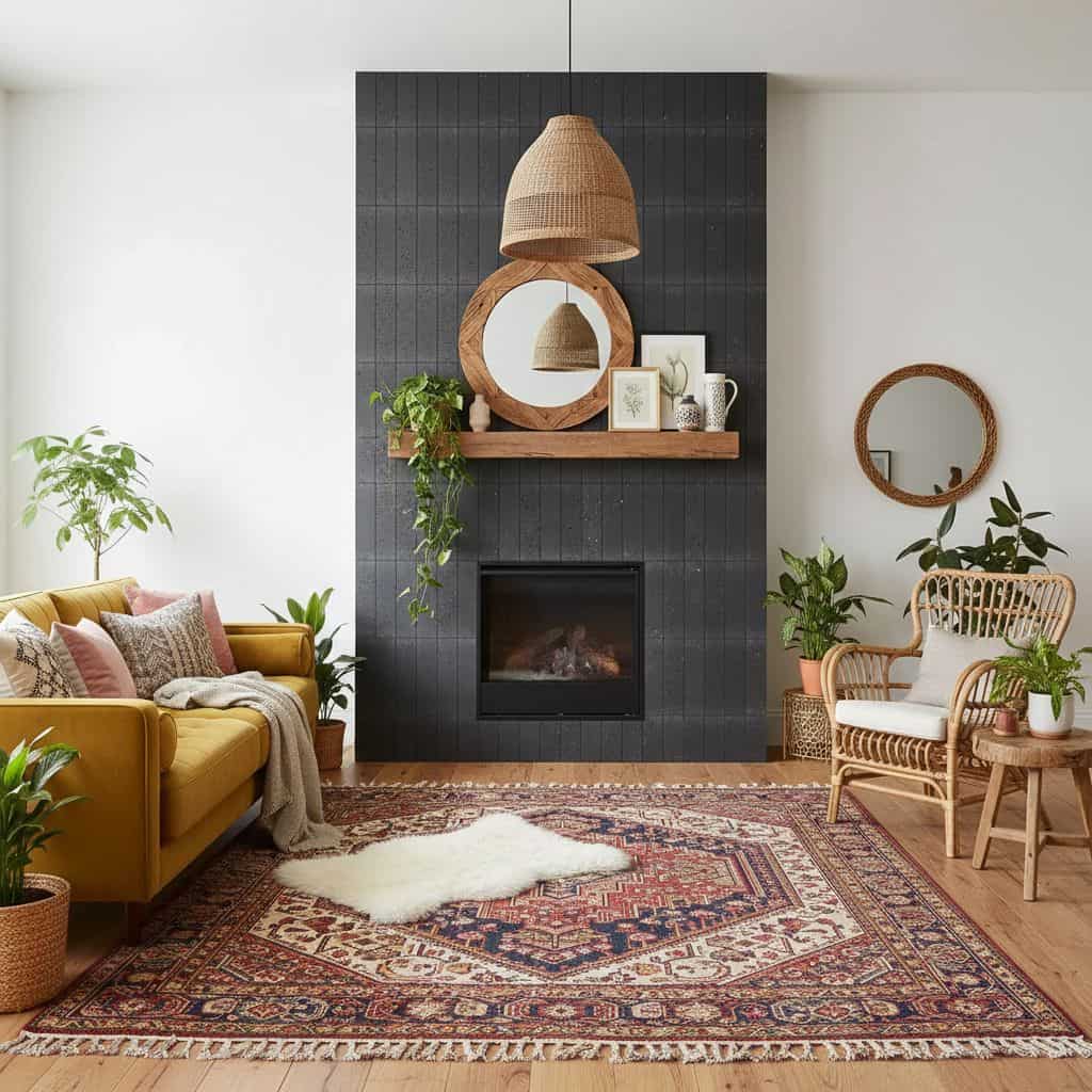 Black textured tile wall with wooden shelf and mirror, mustard sofa, and rattan chairs.