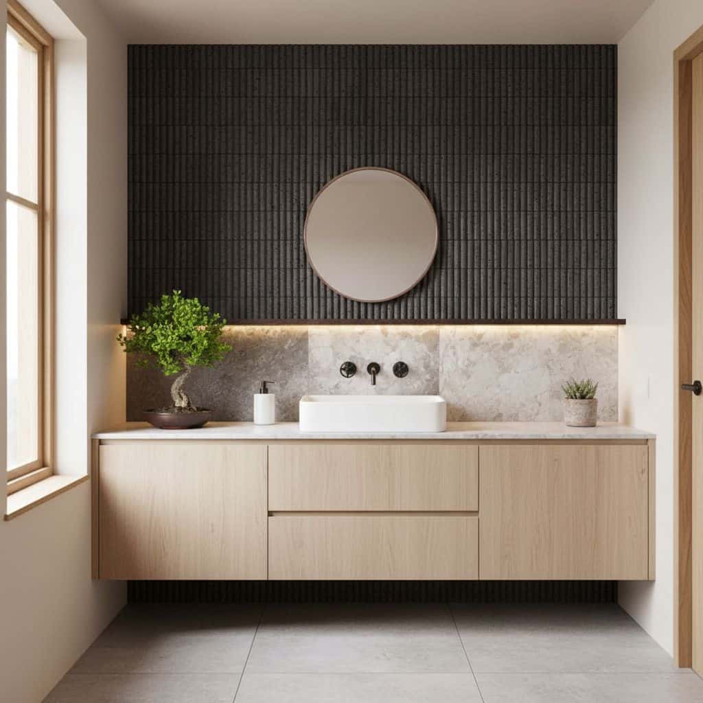 Black textured tile wall behind a white sink with a marble backsplash, light wood vanity, and potted plants.
