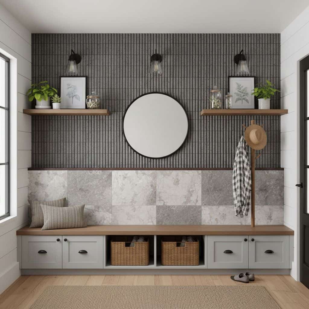 Gray textured tile wall with wooden shelves, round mirror, and decorative plants.