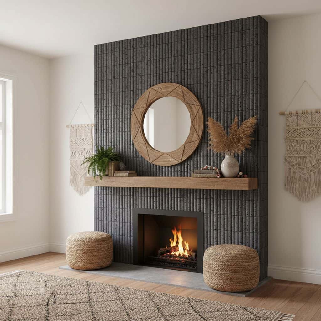 Black textured tile with matte finish and subtle pattern.