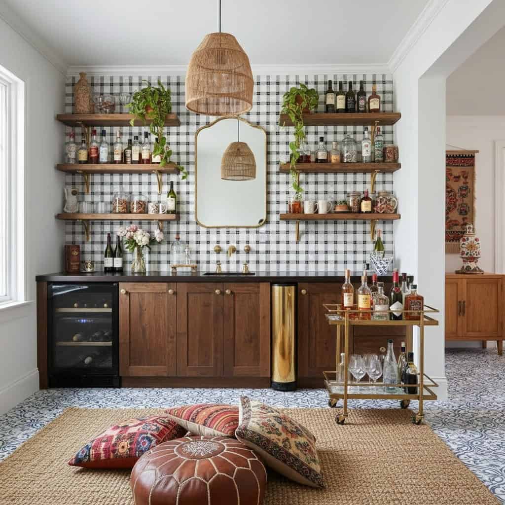 Bright kitchen with checkered tile backsplash, wooden cabinets, and open shelving with bottles and decor.