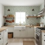 Bright kitchen featuring green chevron patterned tiles, white cabinetry, and wooden accents. Perfect for a modern, inviting c.