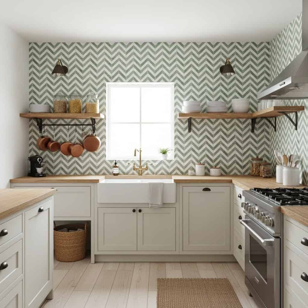 Bright kitchen featuring green chevron patterned tiles, white cabinetry, and wooden accents. Perfect for a modern, inviting c.