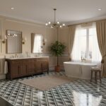 Geometric patterned bathroom tiles in black, white, and gray with a matte finish, complementing the elegant and modern bathro.