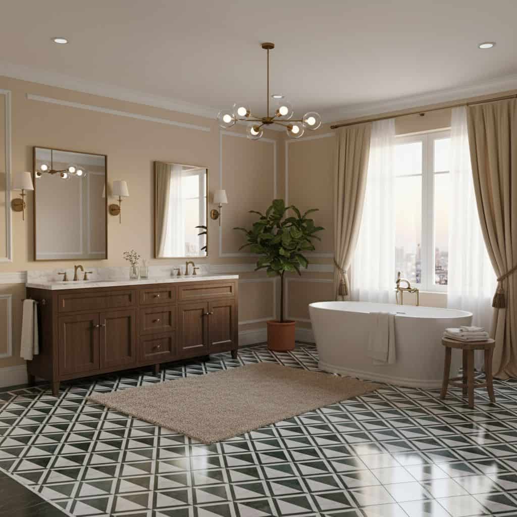 Geometric patterned bathroom tiles in black, white, and gray with a matte finish, complementing the elegant and modern bathro.