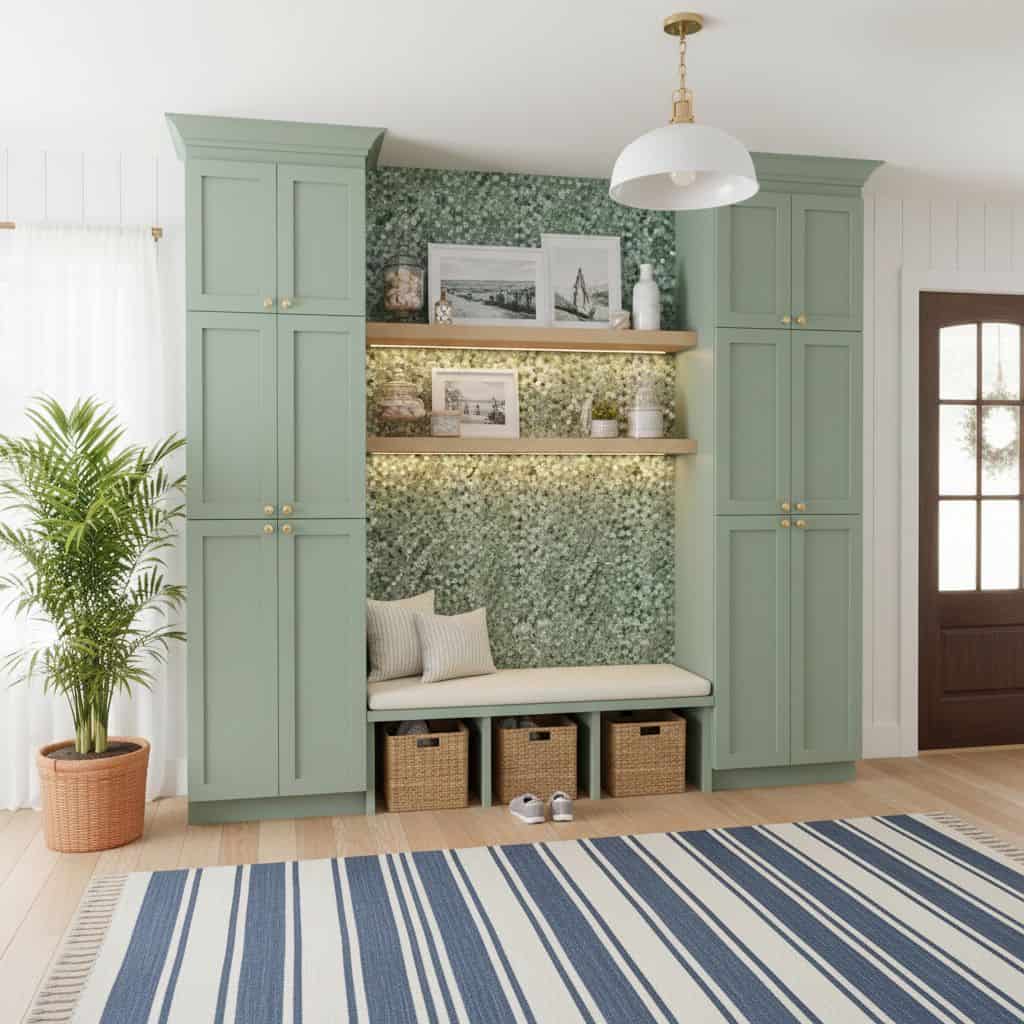 Green built-in wall with peel and stick tile backsplash, shelves, and seating area in a modern home interior.