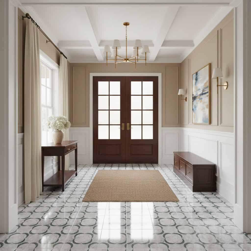 Bright entryway featuring patterned ceramic tiles, neutral wall colors, and classic decor accents.