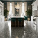 Luxurious black and white geometric patterned tile flooring in a sophisticated dining room with teal walls and elegant decor.