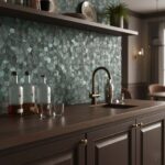 Up of a kitchen backsplash with peel and stick tiles in a modern kitchen setting.