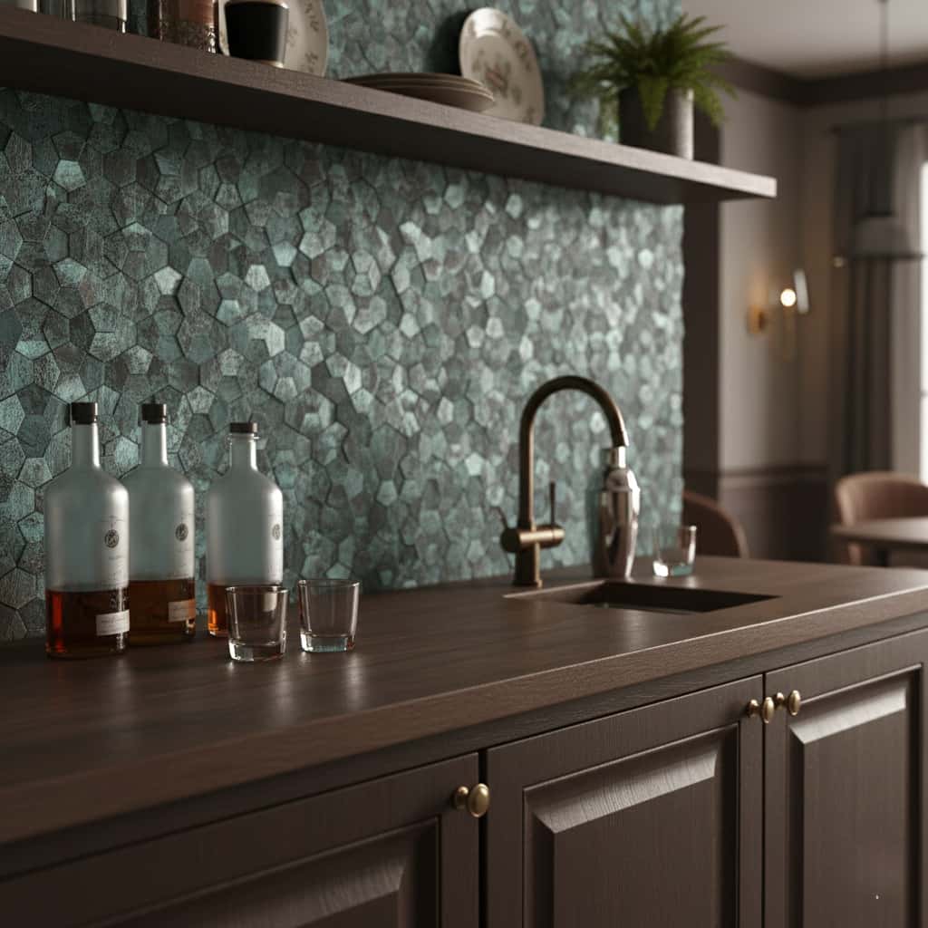Up of a kitchen backsplash with peel and stick tiles in a modern kitchen setting.