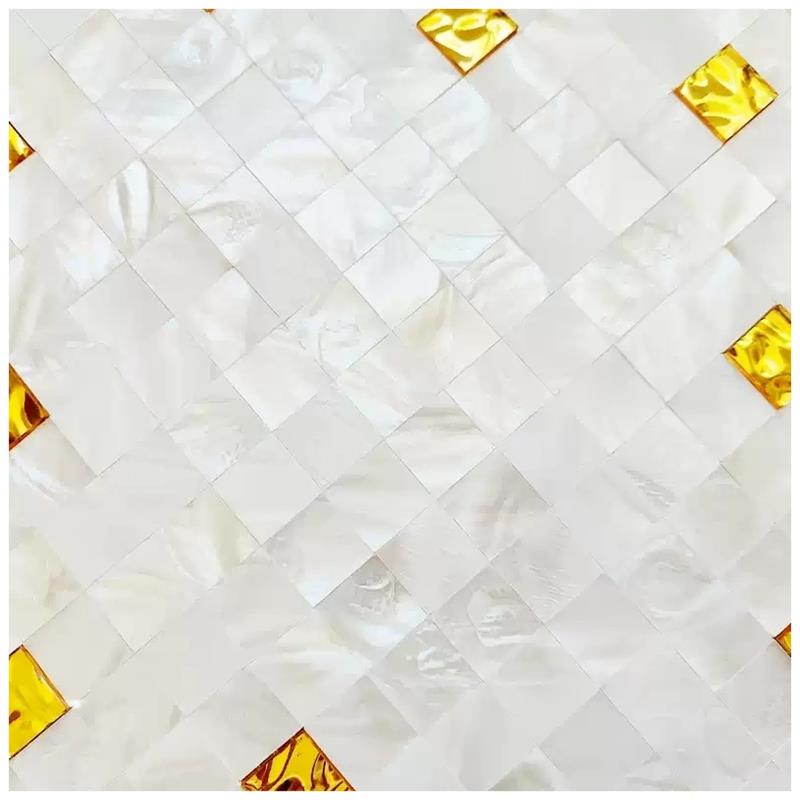 White marble tile with a smooth, glossy texture and gold decorative elements.