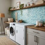 Beautiful seashell tile featuring mother of pearl accents in a laundry room setting. Enhances space with elegant, iridescent.