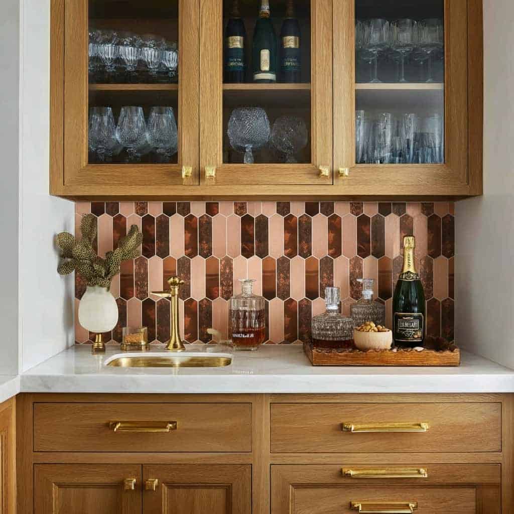 Stylish kitchen backsplash with peel and stick tile in warm earthy tones, complementing wooden cabinets and modern decor.