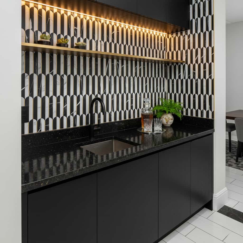 coffee bar backsplash scalloped black white gold peel stick mosaic tile