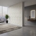 Elegant shell tile wall with mother of pearl accents in modern interior.
