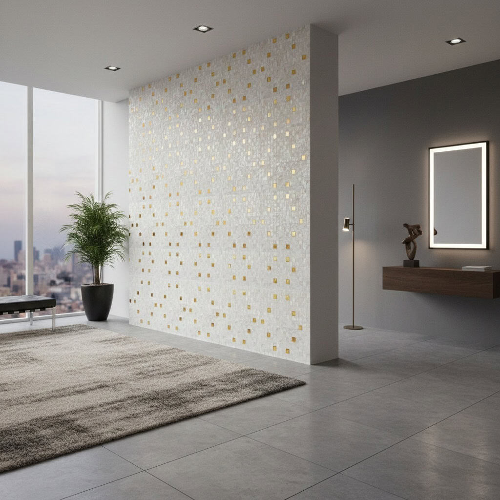 Elegant shell tile wall with mother of pearl accents in modern interior.