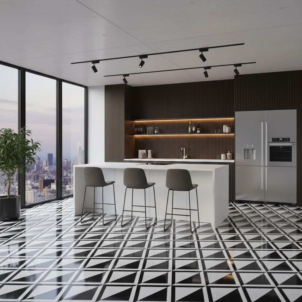 Black and white geometric patterned tiles, sleek stainless steel refrigerator, and contemporary bar stools.